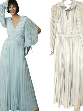 🦋 Self-Portrait Sky Blue Pleated Chiffon Grecian‎ Maxi Gown US 6